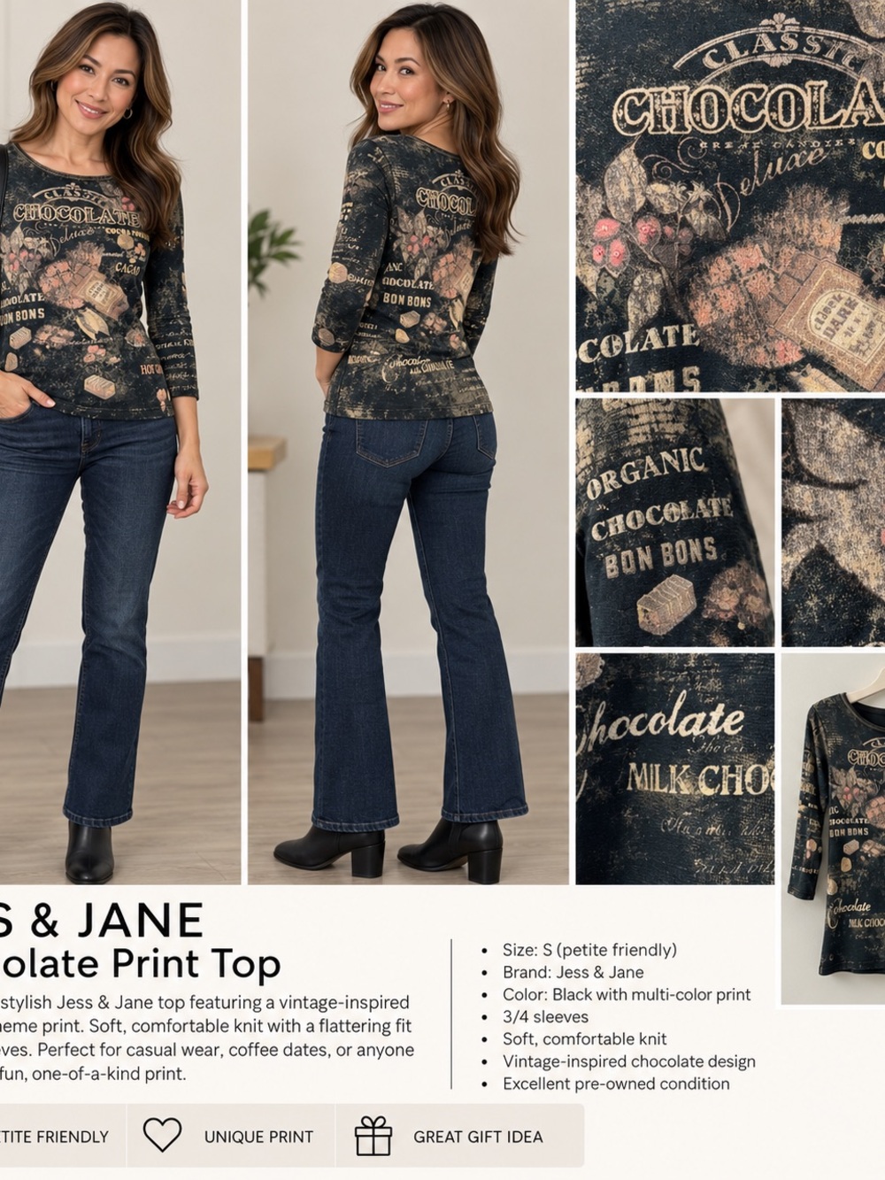 Jess & Jane Chocolate Print Top Small Rhinestone 3/4 Sleeve Cocoa Bon Bons